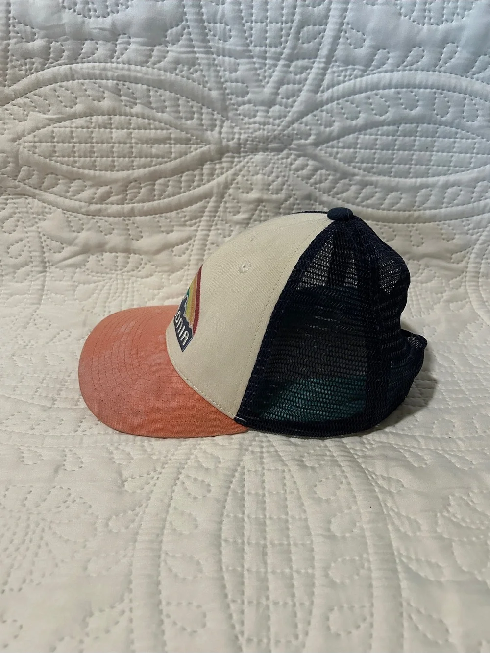 Patagonia Kids Trucker Hat with Rainbow Patch in Cream, Coral & Navy